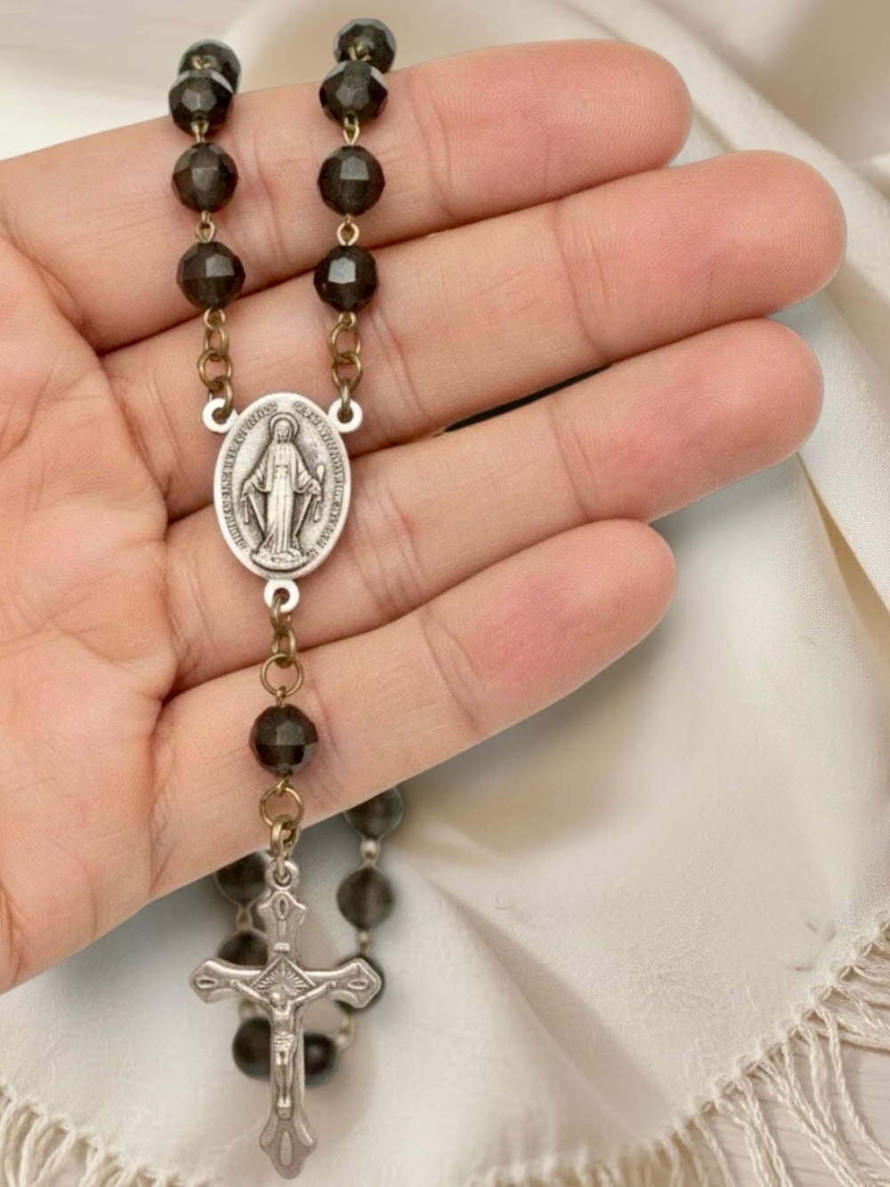 VTG Italian Catholic Rosary Black Bead Scared Heart Mary Medal Religious Italy